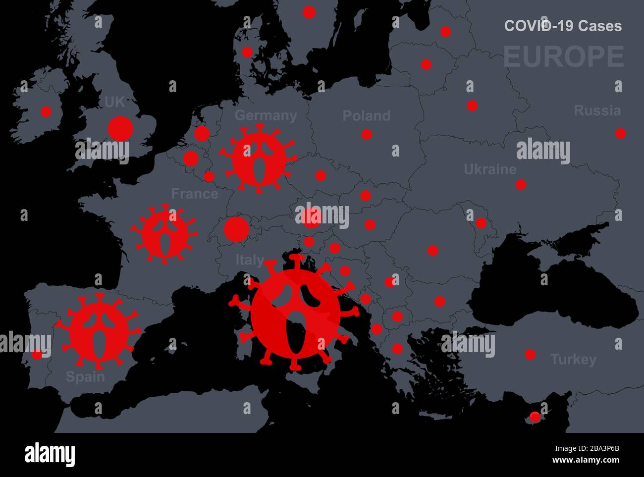COVID-19 coronavirus en Europa, MAP casos confirmados informe con países. Cuarentena global debido a la aterradora enfermedad de COVID. Concepto de nuevo virus corona Foto de stock