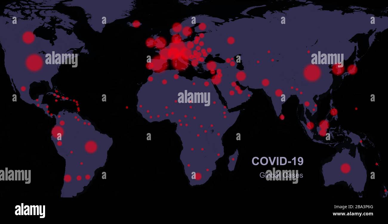 COVID-19 pandemia de coronavirus en el mundo, el mapa del planeta confirmó el informe de casos. Cuarentena global debido al brote del virus de la corona y la enfermedad mortal de COVID. El Foto de stock