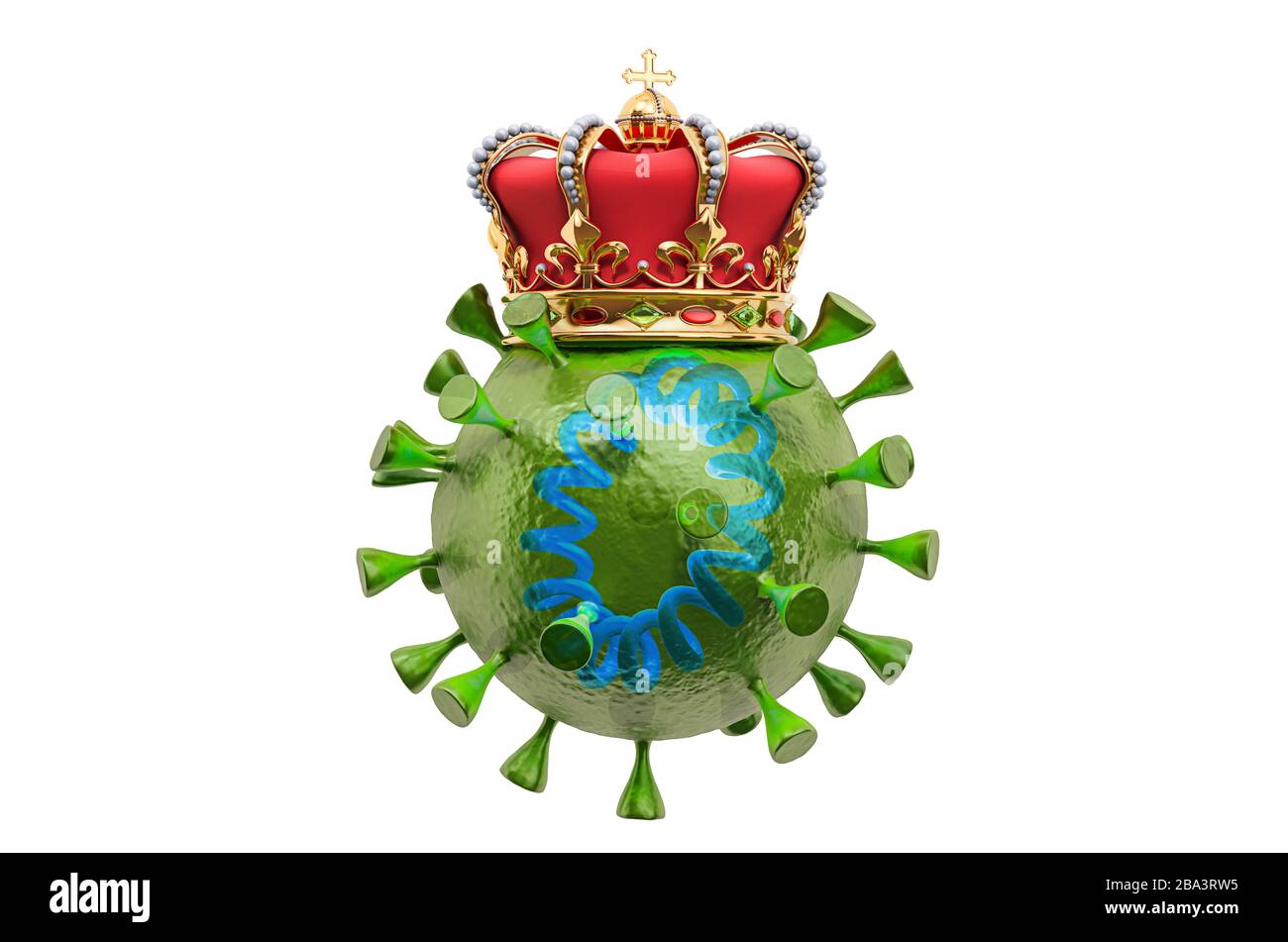 Virus con corona de oro, renderización 3D aislada sobre fondo blanco Foto de stock