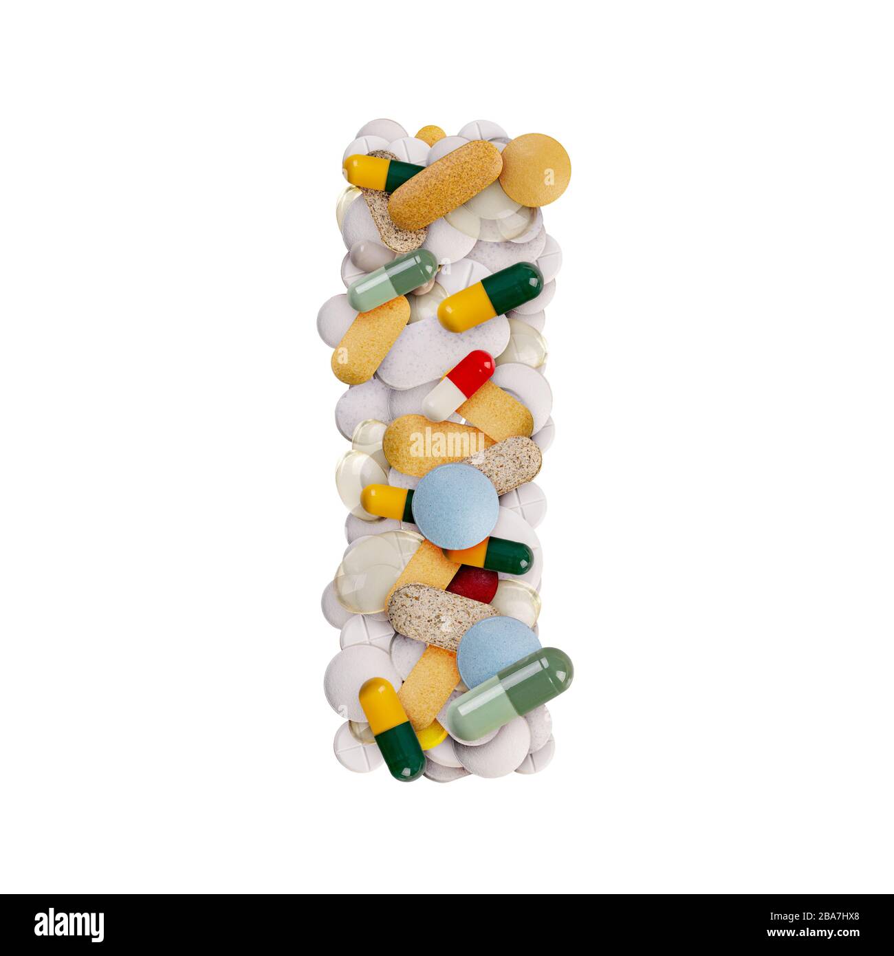 Letra mayúscula I hecha de varias píldoras coloridas, cápsulas y tabletas sobre fondo blanco aislado Foto de stock