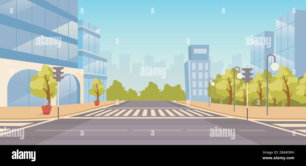 Ilustración de vector plano de calle de ciudad. Paisaje urbano sin gente.  Carretera urbana con rascacielos, parques de fondo de dibujos animados.  Edificios y carreteras de la ciudad Imagen Vector de stock -