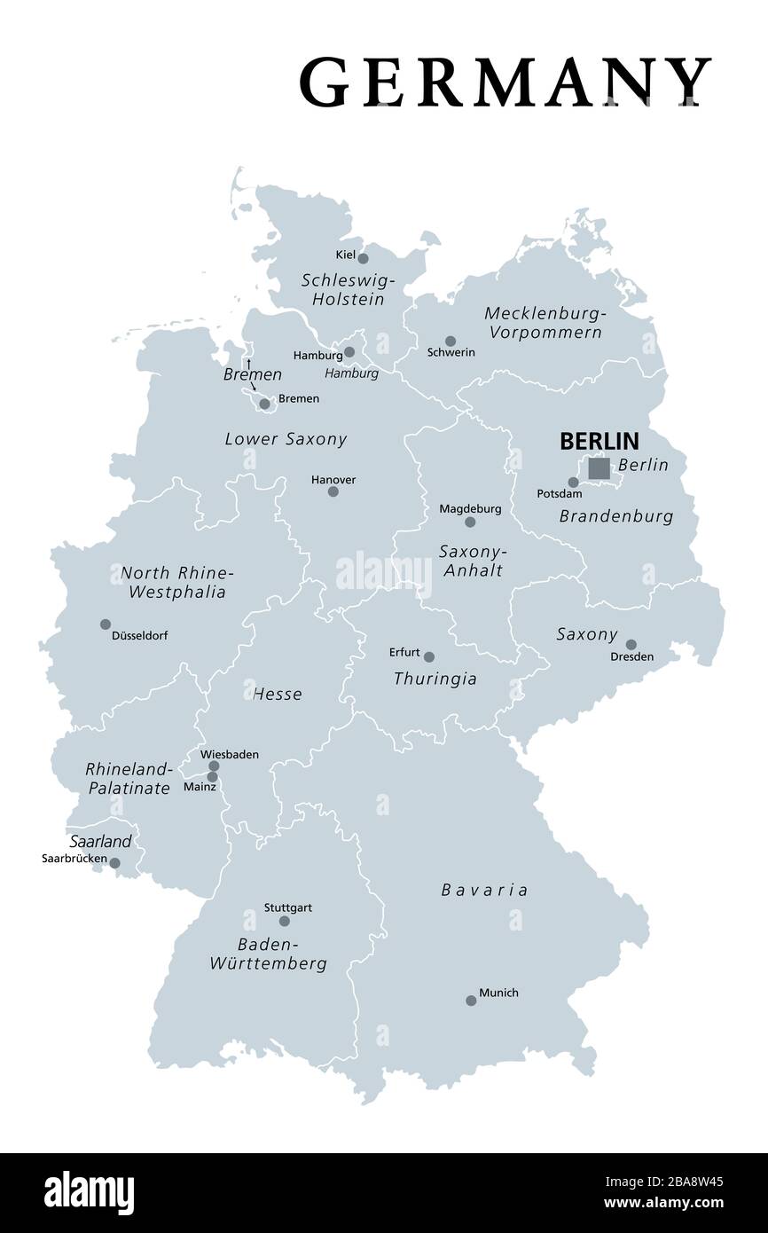 Alemania, mapa político gris. Estados de la República Federal de Alemania con capital Berlín y 16 estados parcialmente soberanos. País europeo. Foto de stock