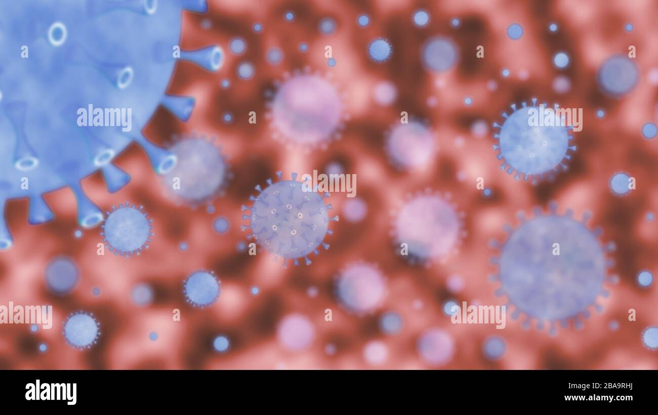 El coronavirus flotando en la vista microscópica de los fluidos. Brote pandémico covid-19, nueva enfermedad del SARS en China. Epidemia infecciosa. Peligro biológico de Chi Foto de stock