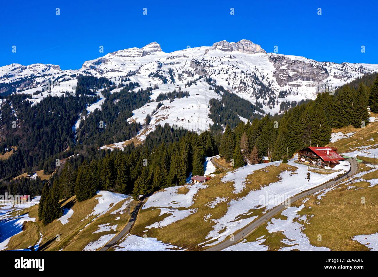 Paisaje de los Prealps suizos en primavera, vista a los picos nevados Tour de Mayen y Tour de Famelon, Ormont-Dessous, Vaud, Suiza Foto de stock