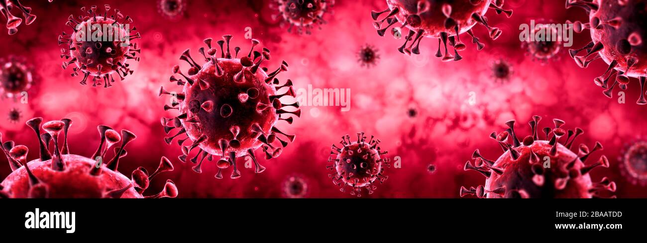 Covid-19-Coronavirus en fondo rojo - concepto de Virología Presentación 3d Foto de stock