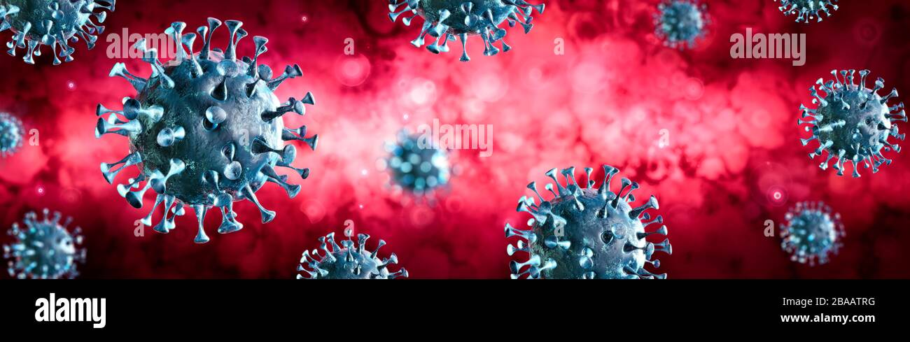Virus de la corona con fondo rojo -concepto de virología-3D-Rendering Foto de stock