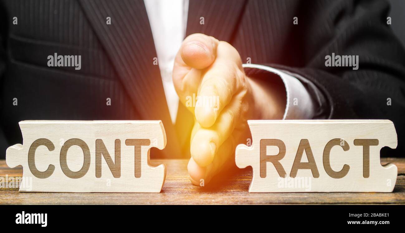 Empresario empresario empresario rompe un contrato. Cancelación del acuerdo. Violación de condiciones y reglas. Acto de repudio anticipado. Terminación de la cooperación, disa Foto de stock