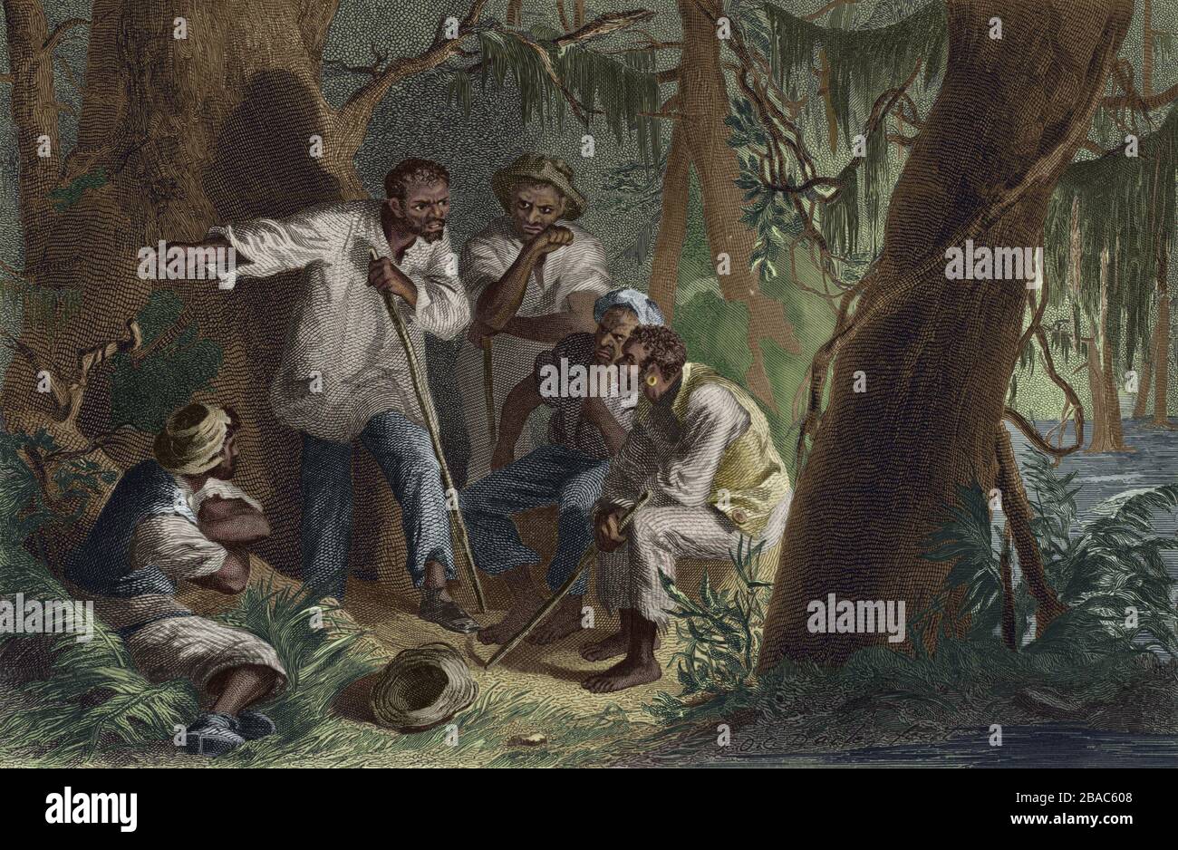 NAT Turner reunión con coconspiradores afroamericanos en el bosque por la noche. Fomentaron una violenta revuelta de más de 70 esclavos y negros libres en el Condado de Southampton, Virginia el 21 de agosto de 1831. Mataron a sesenta blancos, y cuando la revuelta fracasó, el estado ejecutó a 56 negros, mientras que las turbas blancas enojadas mataron a otros 200 con impunidad. (BSIC 2019 1 12) Foto de stock
