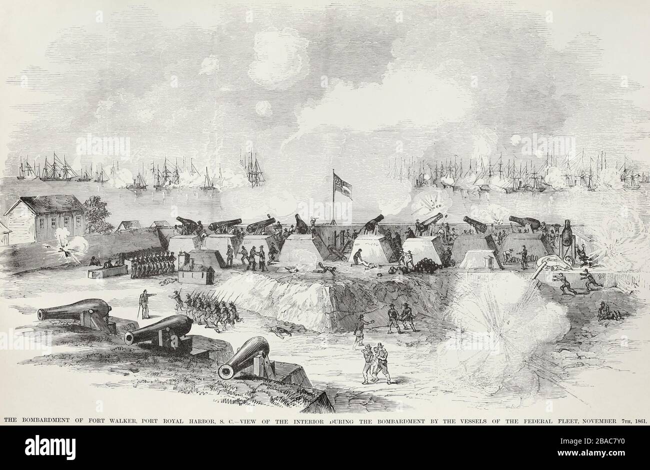 Victorioso bombardeo de Port Royal, S.C. el 7 de noviembre. 1861, por la flota de la Unión, comandada por el Commodore Samuel Dupont. En primer plano está Fort Walker, aún garrised por los confederados bajo fuego de los buques de la Unión. Los barcos de la Unión navegaron en un eclipse, cada uno disparando en Forts Walker y Beauregard mientras que ellos caminaron pasado por tres horas. Cuando cesaron los disparos, las armas de Fort Walker silent, por su guarnición había evacuado. (BSLOC 2018 6 183) Foto de stock