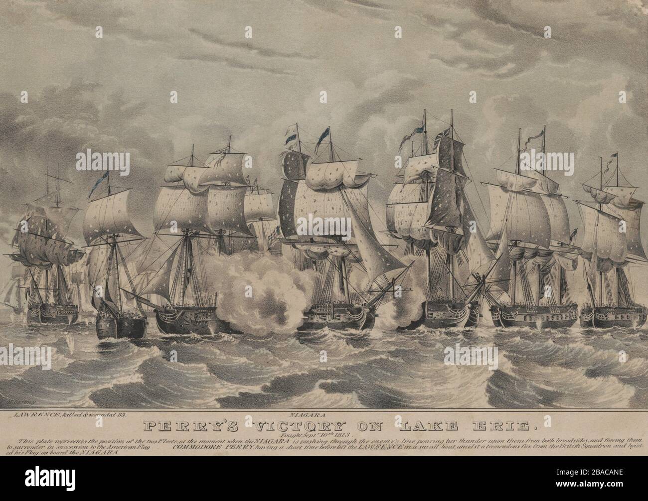 Guerra de 1812.la Batalla del Lago Erie, también conocida como Batalla de Put-in-Bay, 10 de septiembre de 1813, el USS Niagara (centro con bandera americana), el buque insignia del Commodore Oliver Perry empuja a través de la línea británica, entregando dos tablones. El escuadrón británico pronto se rindió (BSLOC 2019 6 100) Foto de stock