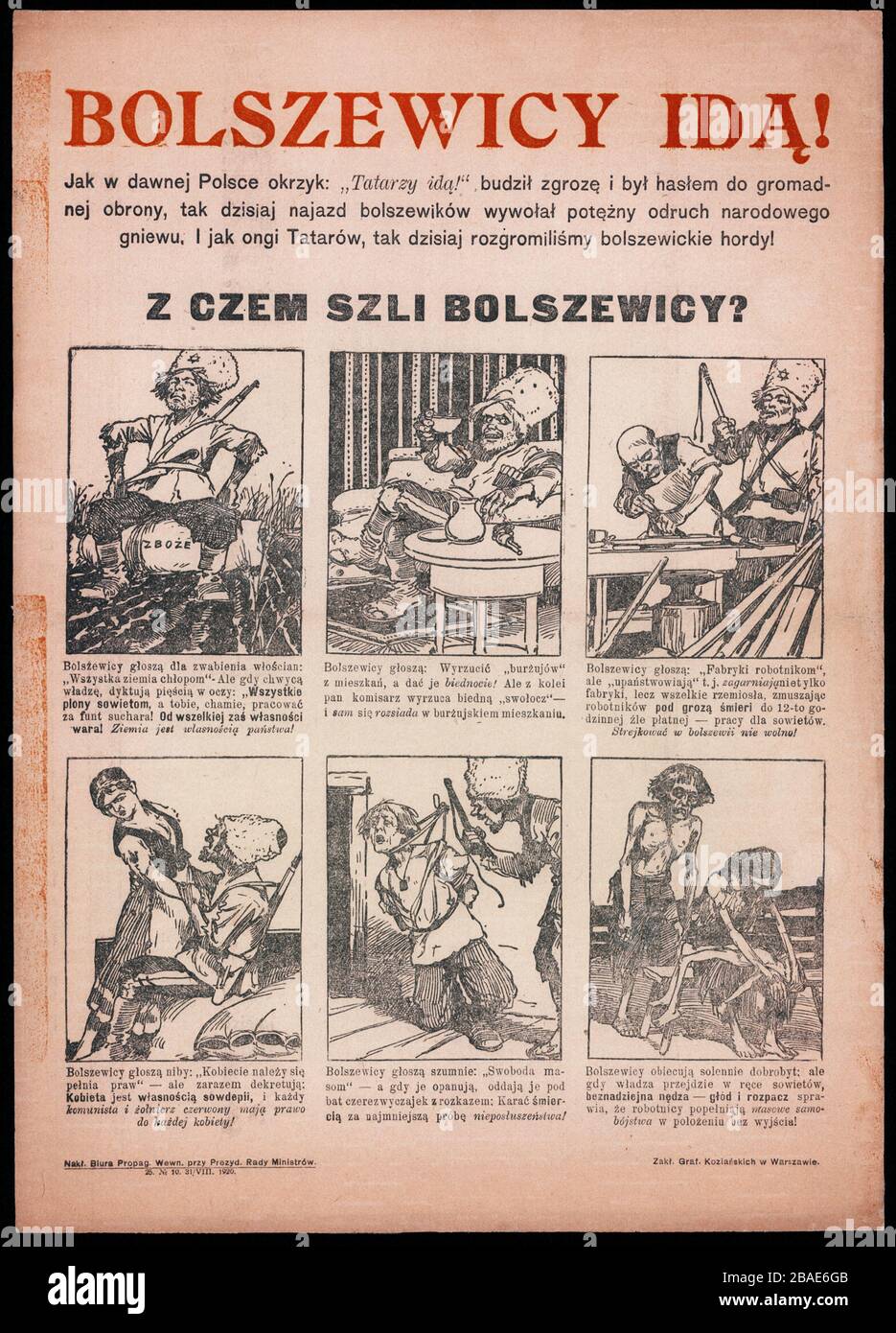 Póster de propaganda polaco anti-bolshivik. ¡los bolcheviques vienen! [Inc.:] así como en la antigua Polonia el grito: "Los tártaros vienen" causó terror y Foto de stock