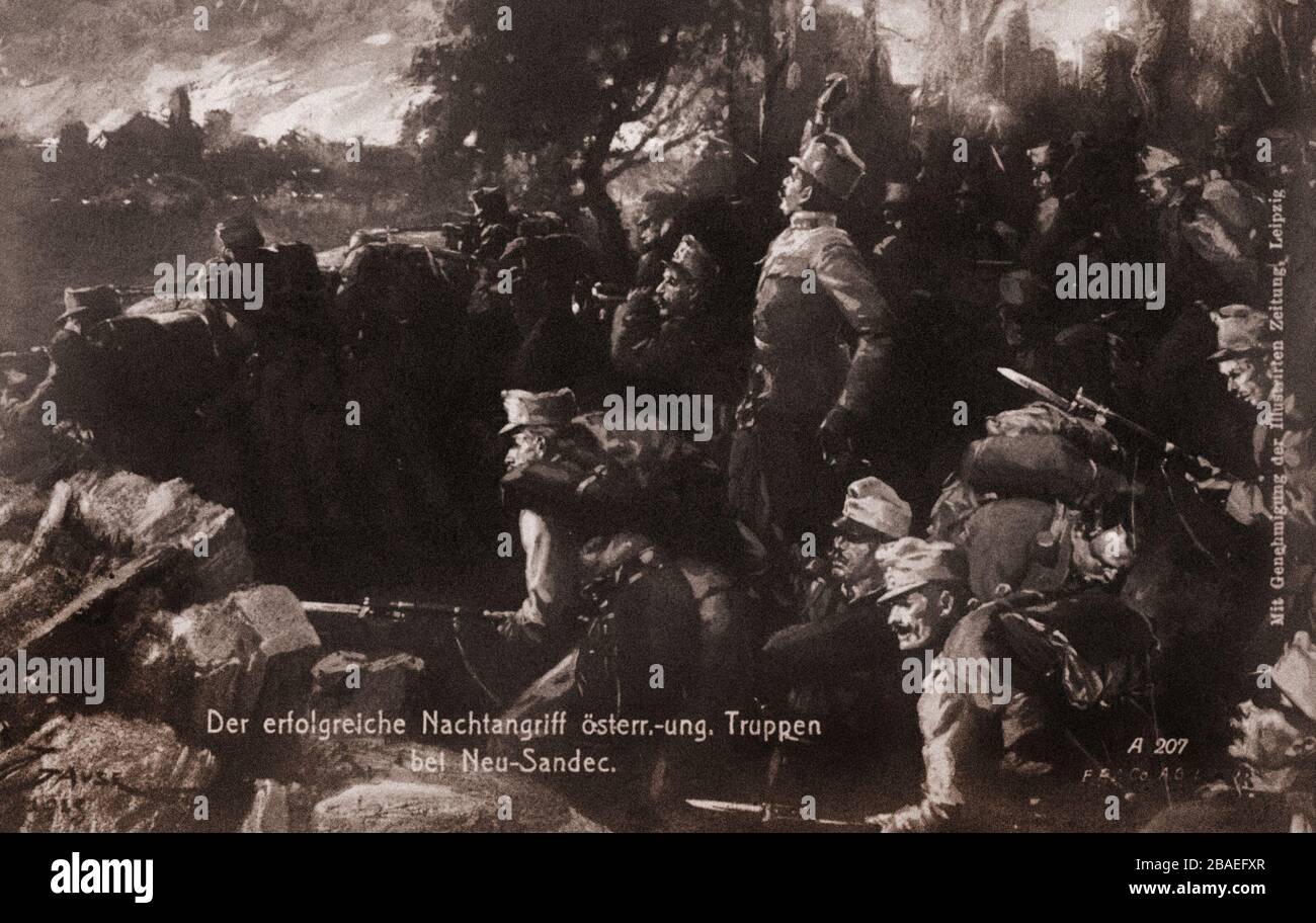 El primer período de la Guerra Mundial. El exitoso ataque nocturno de tropas austro-húngaras en Neu-Sandec. Foto de stock