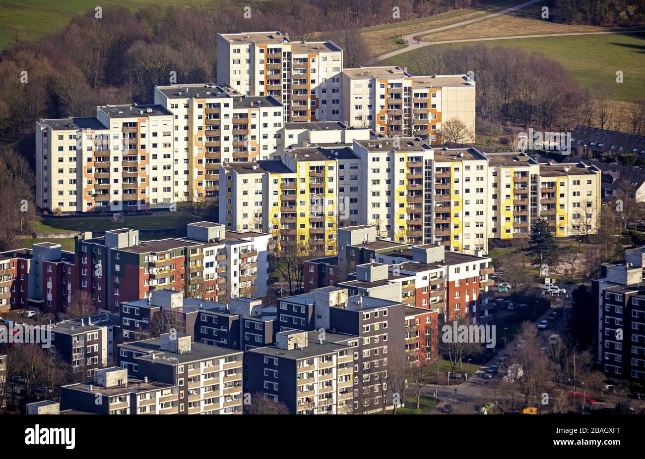 , Zona residencial de gran altura en el distrito de Horst entre Bonhoefferweg y Dahlauser Strasse, 28.02.2015, vista aérea, Alemania, Renania del Norte-Westfalia, Ruhr Area, Essen Foto de stock