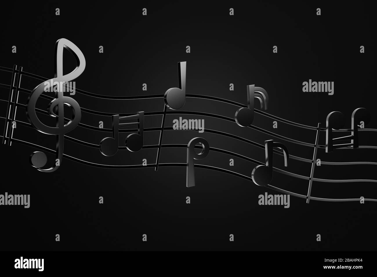 Notas de música en negro y líneas de música en el fondo oscuro