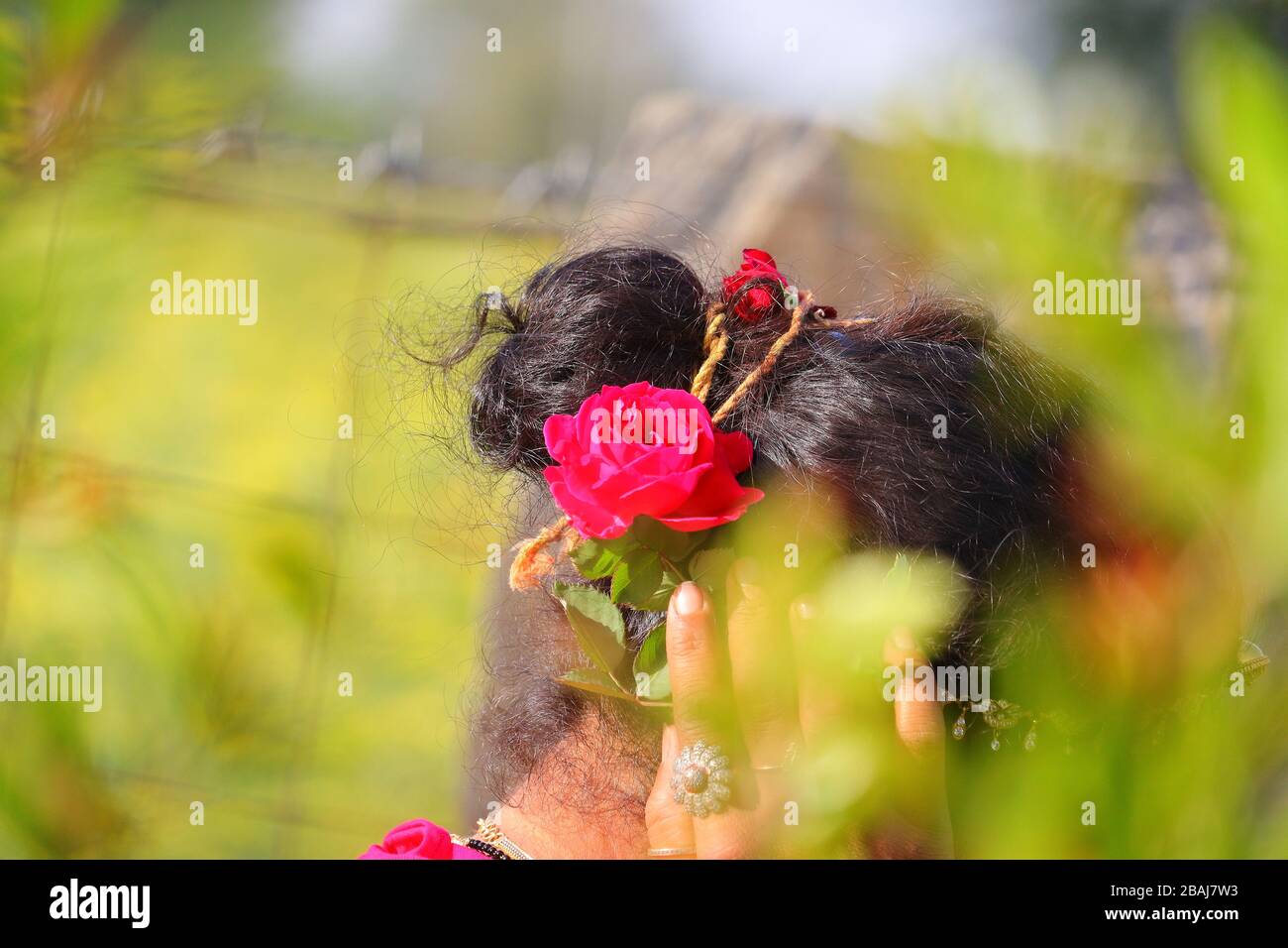foco recortado de rosa roja en la cabeza de la mujer con fondo verde desenfocado de naturaleza Foto de stock