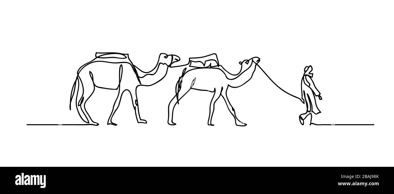 Caravana de camellos, camelcade. Dibujo vectorial blanco minimalista Ilustración del Vector