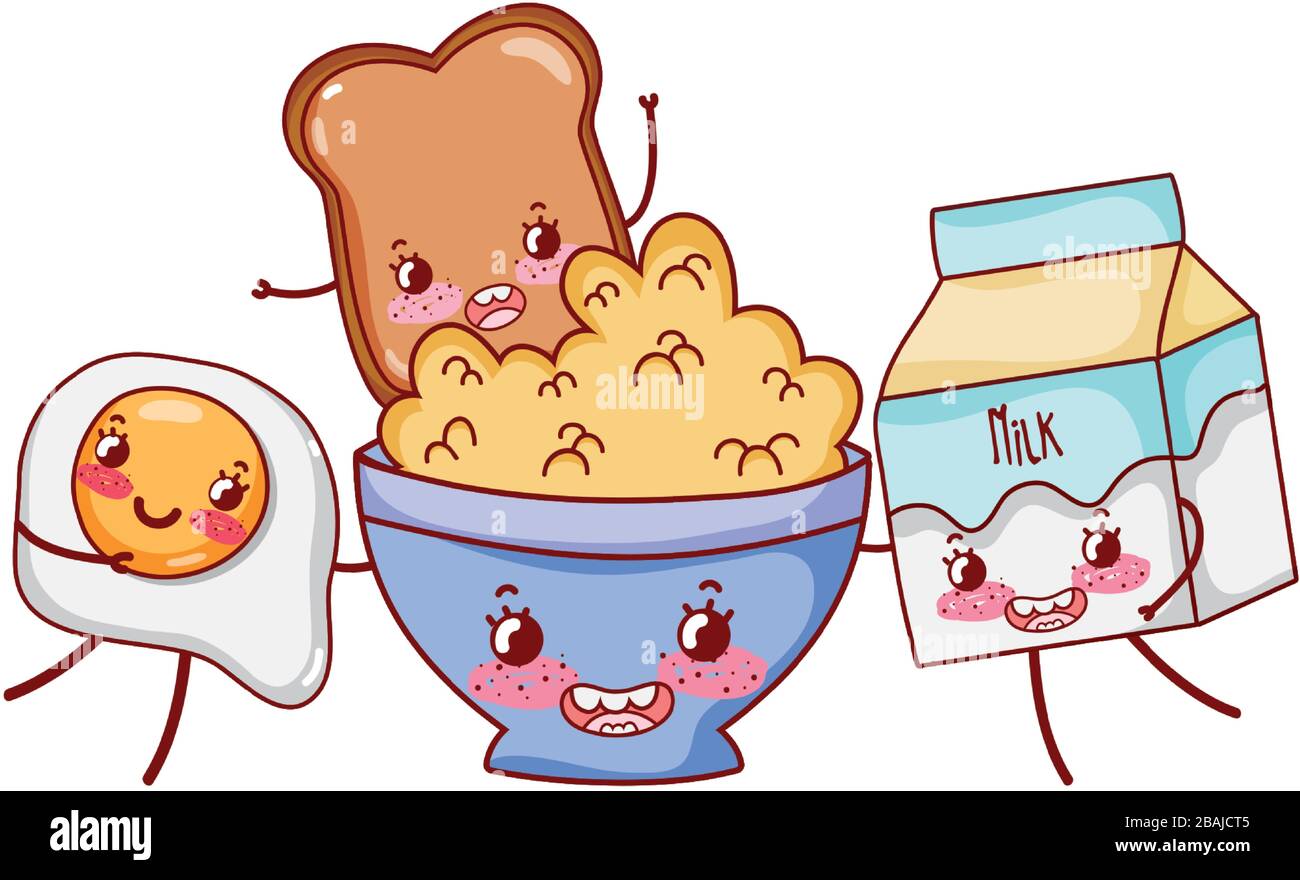 desayuno cereal lindo pan de huevo frito y leche kawaii ilustración  vectorial de dibujos animados Imagen Vector de stock - Alamy