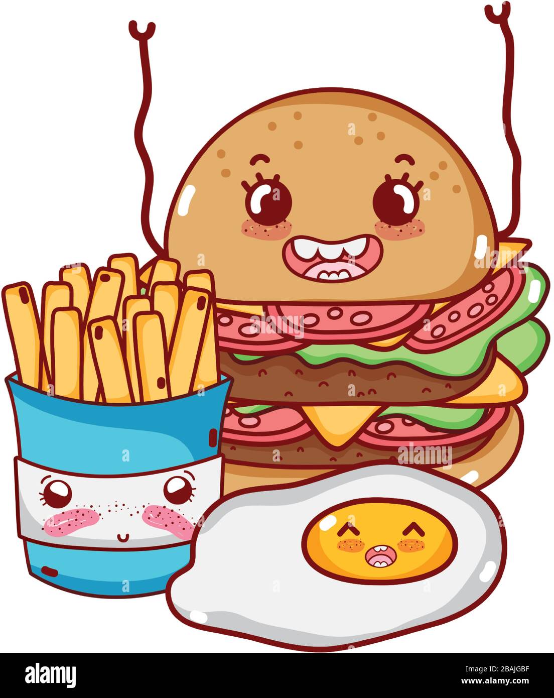comida rápida coqueta patatas fritas huevo y hamburguesa ilustración  vectorial de dibujos animados Imagen Vector de stock - Alamy