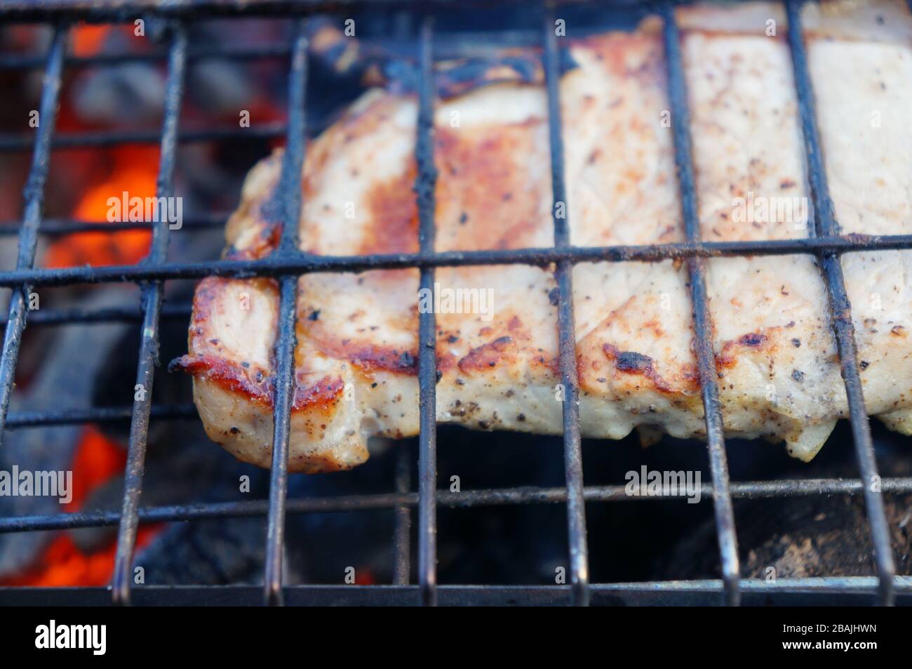 Barbacoa en la calle. Barbacoa y kebabs de cocina. Carne a la parrilla al aire libre, fin de semana y al aire libre Foto de stock