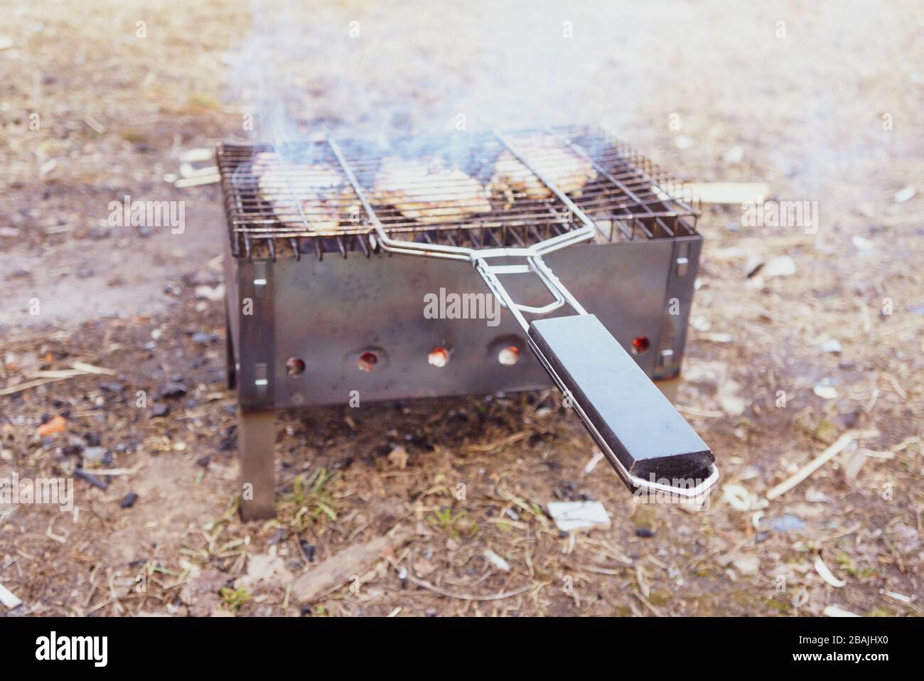 Barbacoa en la calle. Barbacoa y kebabs de cocina. Carne a la parrilla al aire libre, fin de semana y al aire libre Foto de stock