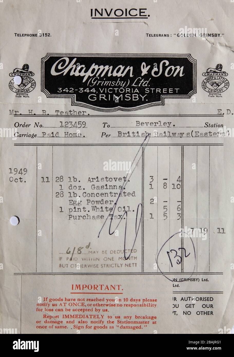 Antigua factura de Chapman e Hijo de Grimsby de octubre de 1949, para suministros de medicamentos para animales. Foto de stock