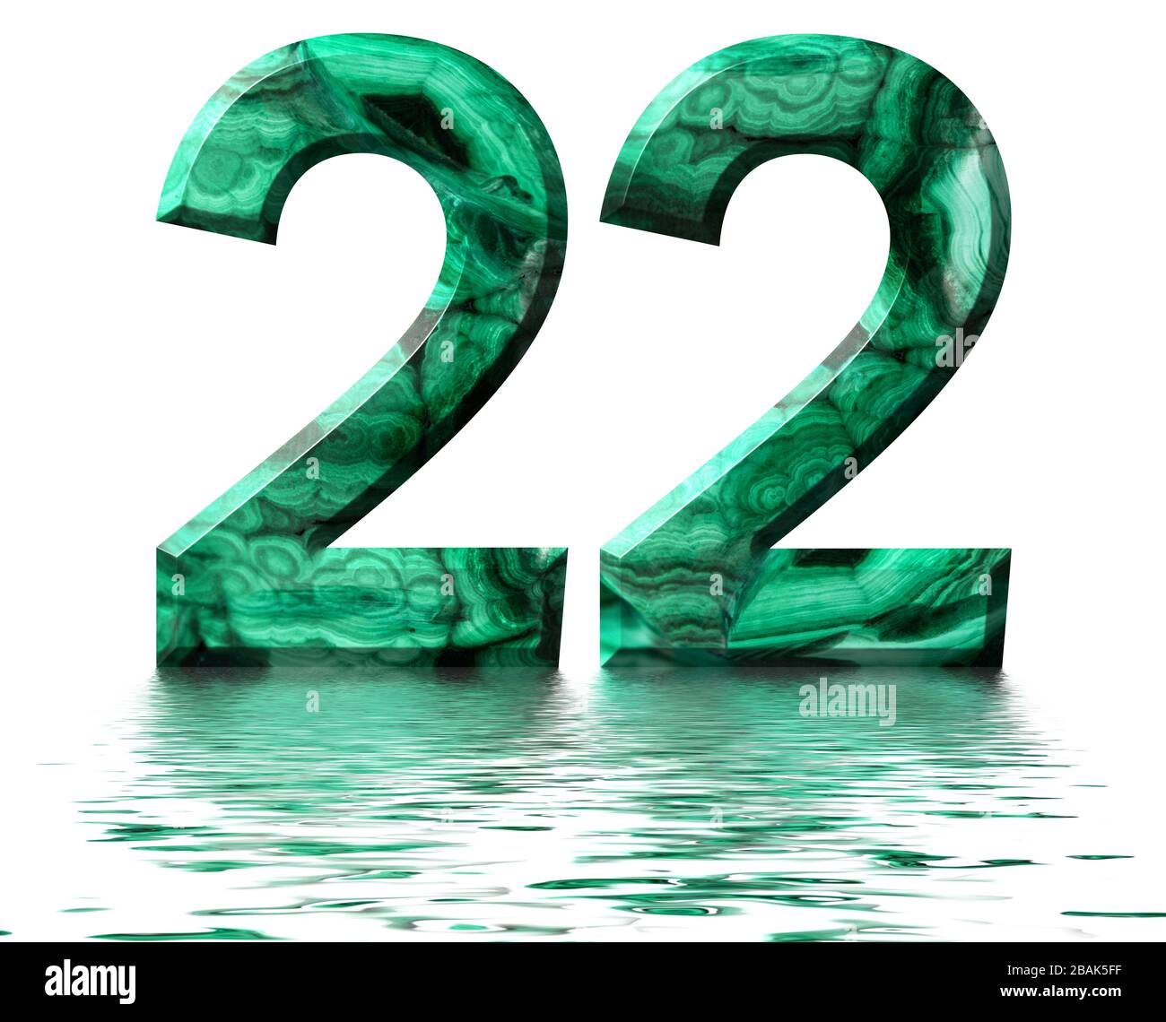 Número árabe 22, veintidós, de malaquita verde natural, reflejada en la ...