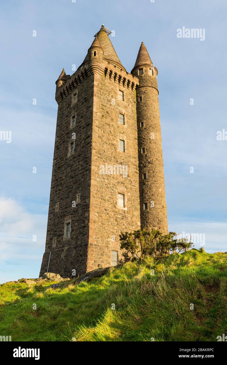 Vista vertical de una torre del castillo en una colina verde, cubierta de hierba - Scrabo Tower, Newtonards, Irlanda del Norte Foto de stock