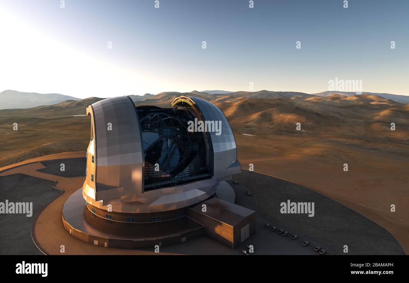 Inglés: La impresión artística del Telescopio Europeo extremadamente Grande  (E-ELT) en su futura ubicación sobre Cerro Armarzones, en los Andes  chilenos. El E-ELT, con un espejo primario de 39 metros, será el