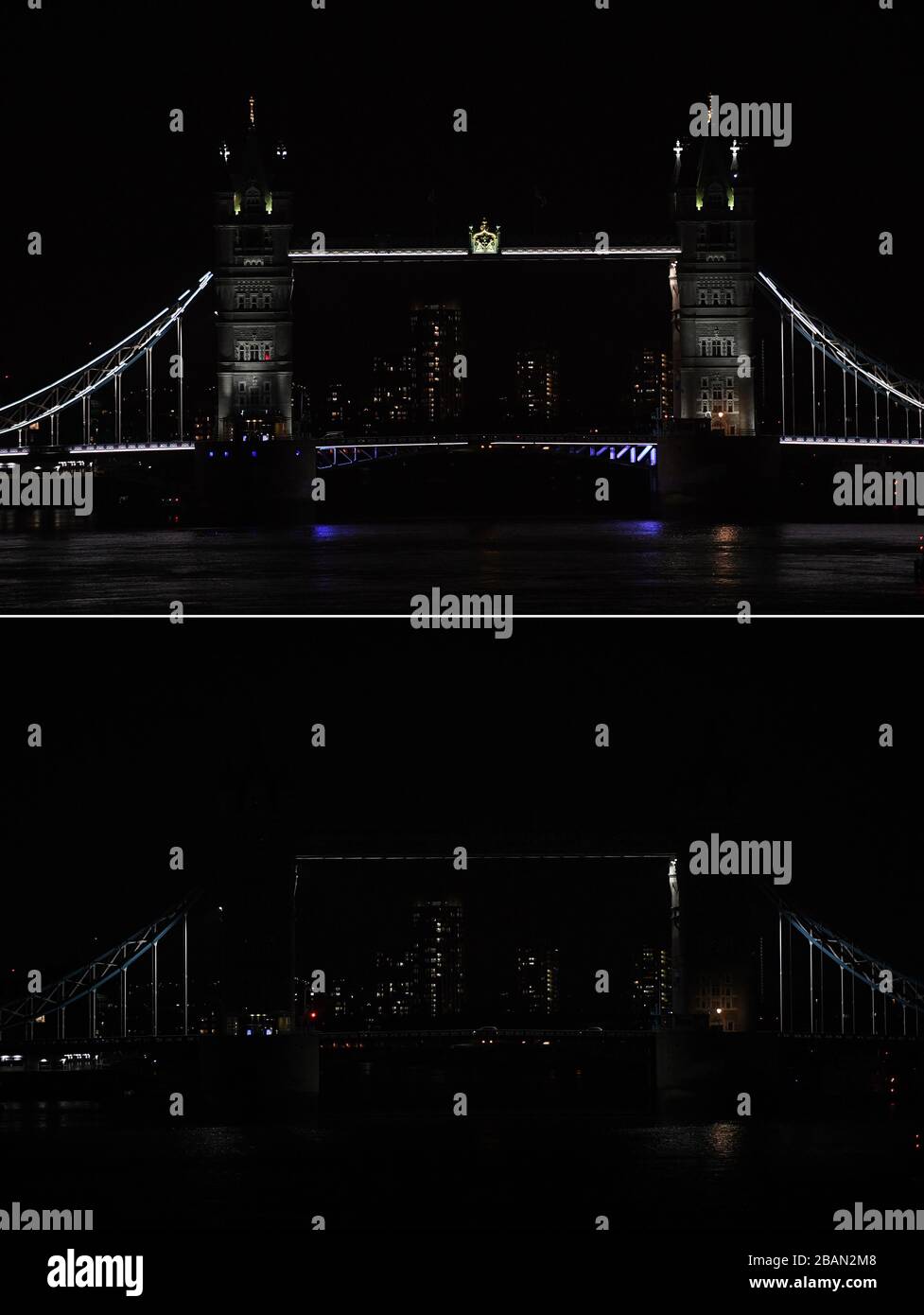 Imagen compuesta de Tower Bridge en Londres, antes y durante la hora de la Tierra. Edificios y estructuras famosas se oscurecían entre las 8:30 y las 21:30, como parte del evento internacional organizado por WWF para instar a la acción para salvar el planeta. Foto de stock