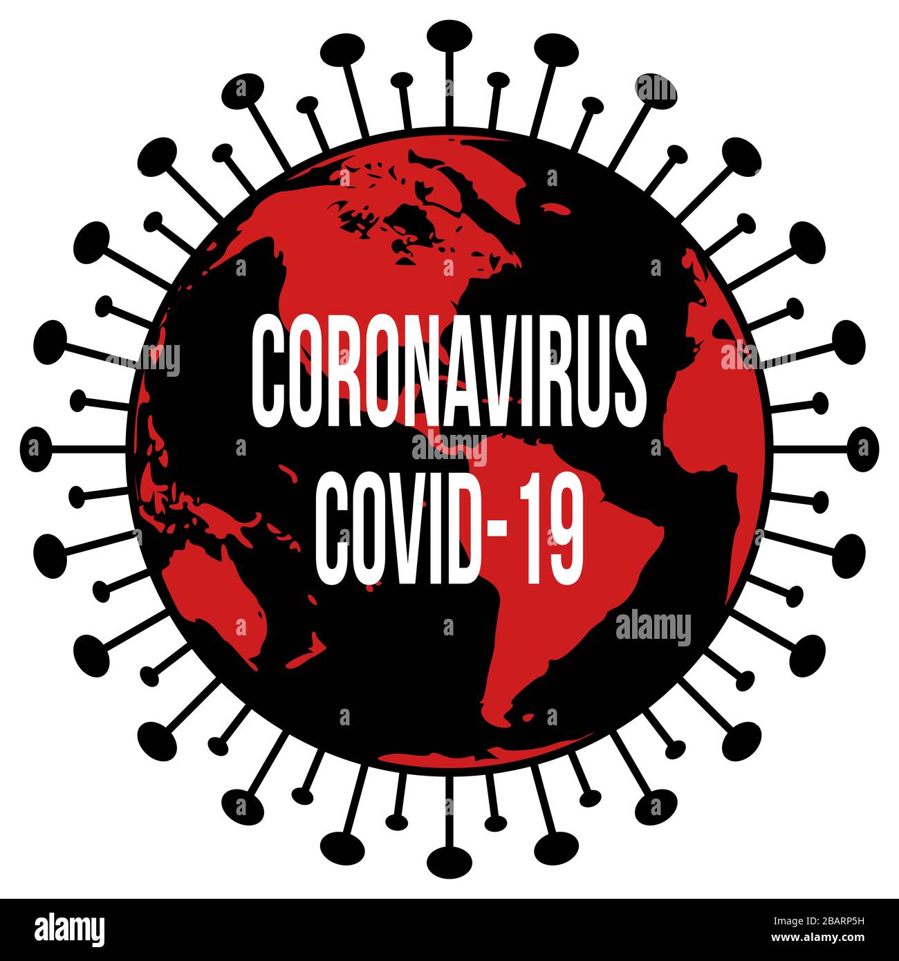 Un diseño gráfico de la enfermedad de Coronavirus (CoVid19) con un globo negro y rojo en el centro para simbolizar el peligroso brote mundial del CoVid-19 Foto de stock