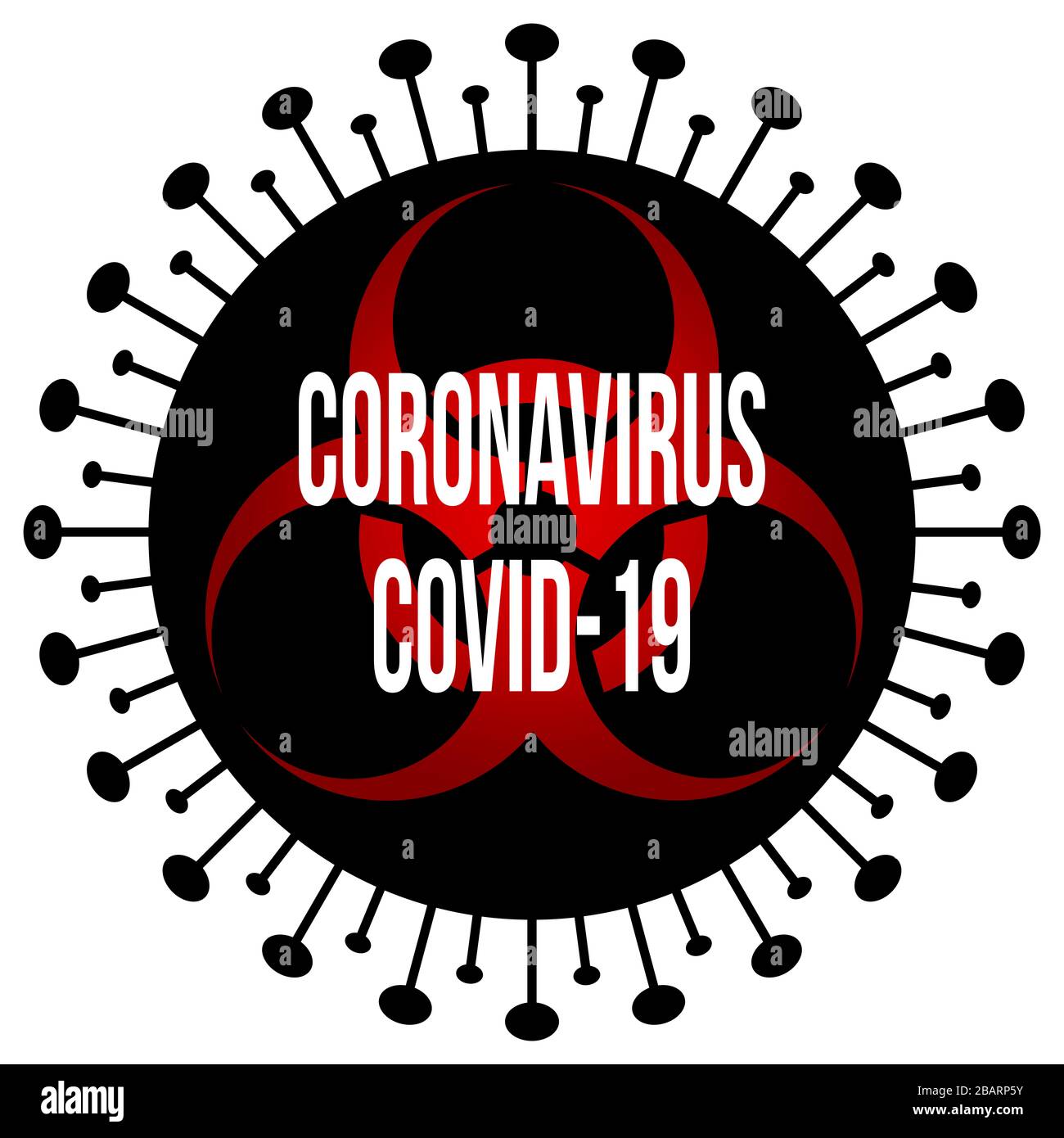 Un diseño gráfico de la enfermedad de Coronavirus (CoVid19) con un logotipo de peligro biológico negro y rojo en el centro para simbolizar el peligroso brote mundial de la enfermedad Foto de stock