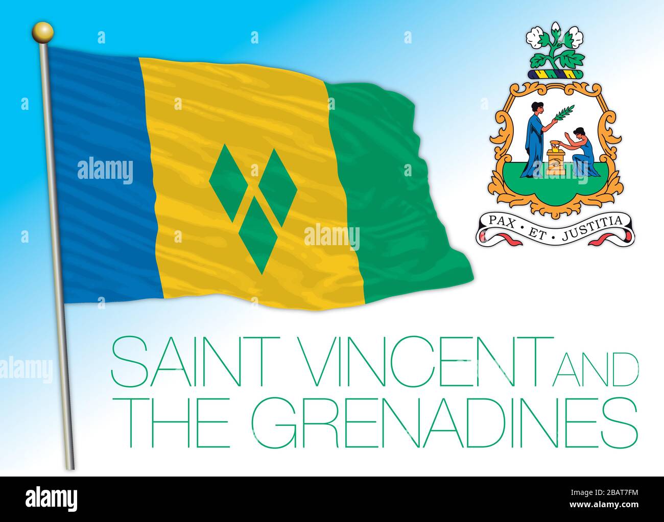 San Vicente y Grenadine bandera nacional oficial y escudo de armas, antillas, ilustración vectorial Ilustración del Vector