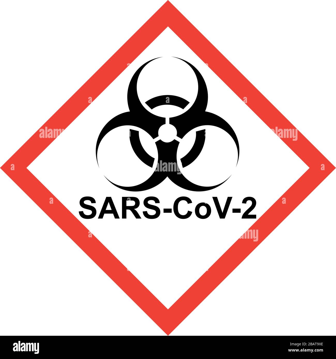 Señal roja de peligro con símbolo de peligro biológico y texto SARS-CoV-2 Foto de stock