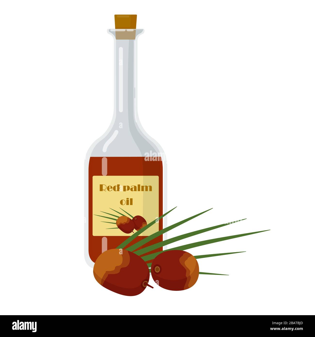 Aceite de palma rojo en botella de vidrio con núcleo y hoja Imagen Vector  de stock - Alamy