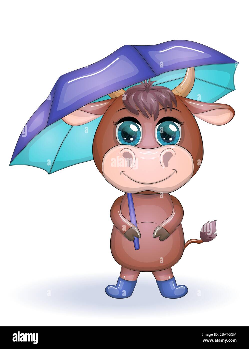 Lindo toro de dibujos animados con un paraguas azul y en botas con hermosos  ojos azules con un ramo de flores. Otoño. Ilustración para niños Imagen  Vector de stock - Alamy