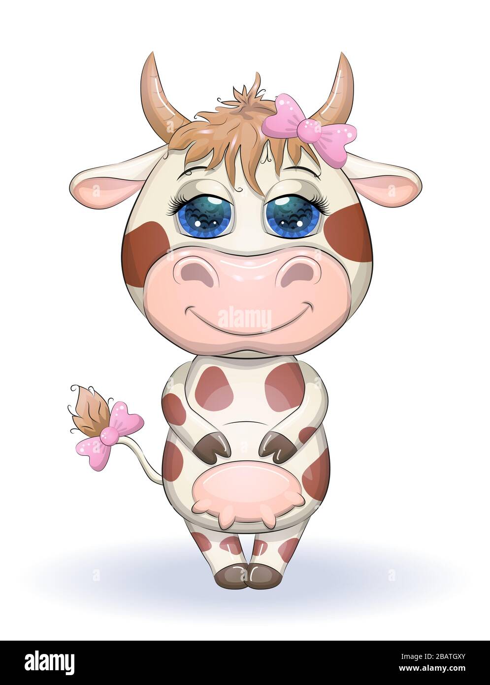 Coqueta vaca de dibujos animados con un arco en la cola con hermosos ojos  azules. Ilustración para niños Imagen Vector de stock - Alamy