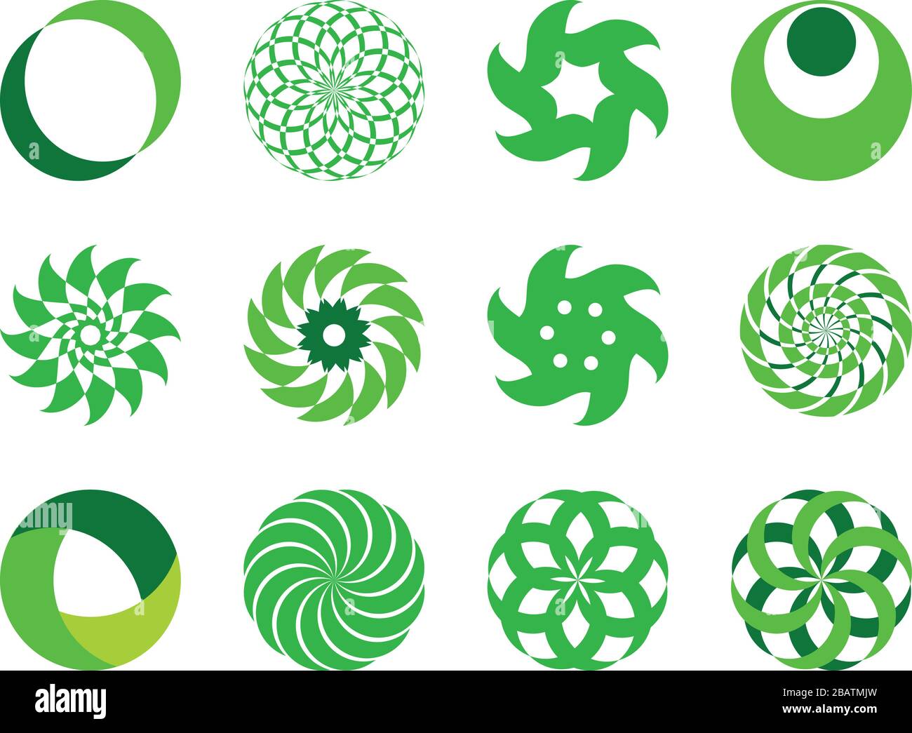 Un conjunto de 12 iconos redondos abstractos - tipo vector, coloreados en verde. Se pueden utilizar para el diseño gráfico: Logotipos, tarjetas de visita, volantes, folletos Ilustración del Vector