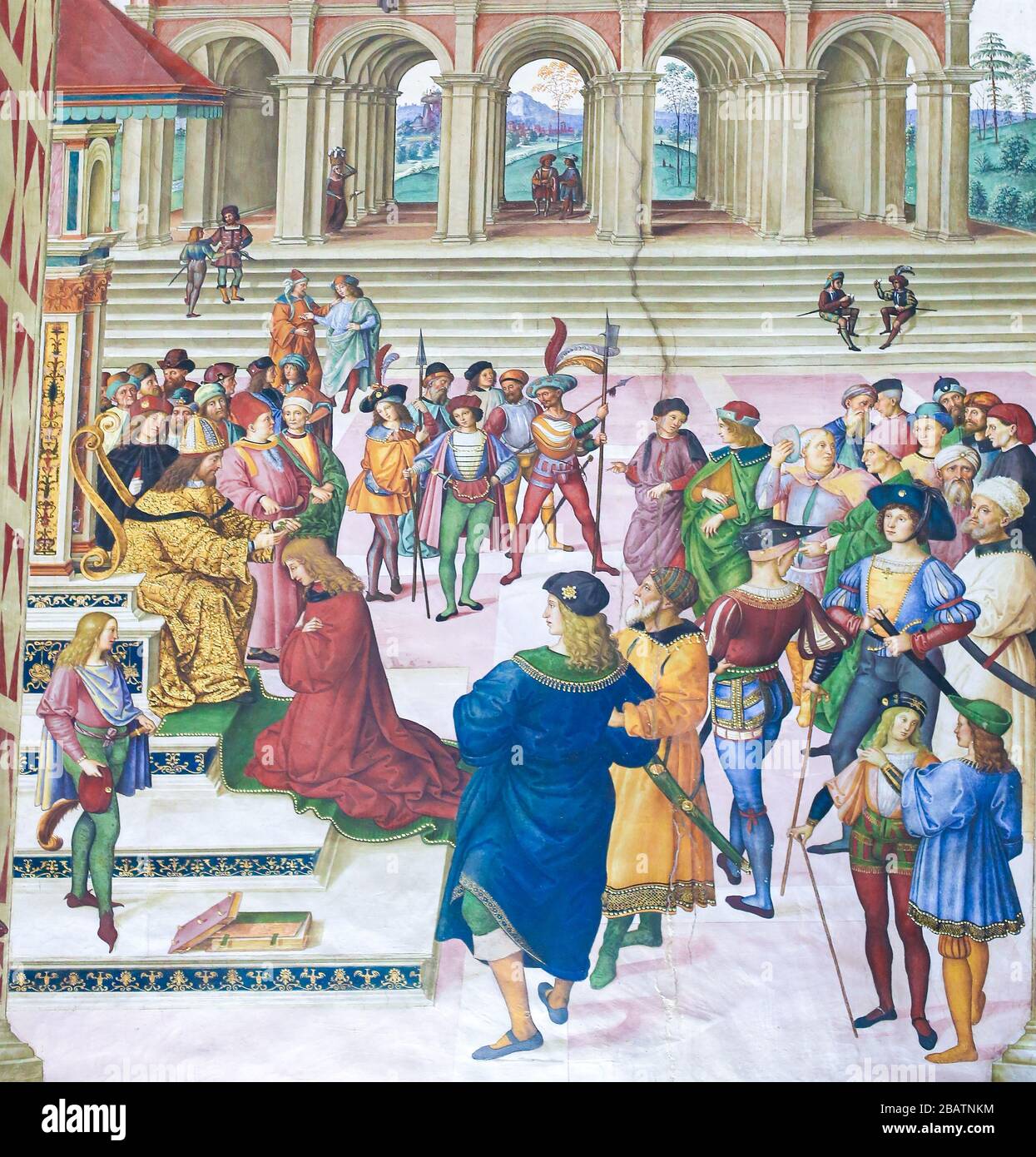 SIENA, ITALIA - 10 DE JULIO de 2017: Fresco en la Biblioteca Piccolomini en la Catedral de Siena, por Pinturicchio, representando Enea ilvio Piccolomini coronado poeta corte b Foto de stock