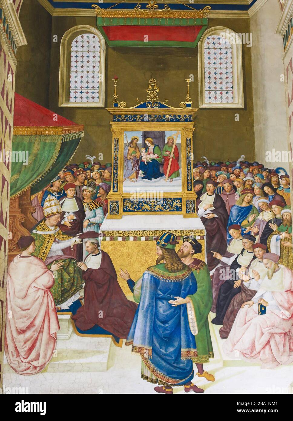 SIENA, ITALIA - 10 DE JULIO de 2017: Fresco en la Biblioteca Piccolomini en la Catedral de Siena, Italia, por Pinturicchio representando Enea Silvio (más tarde Papa Pío II) rece Foto de stock