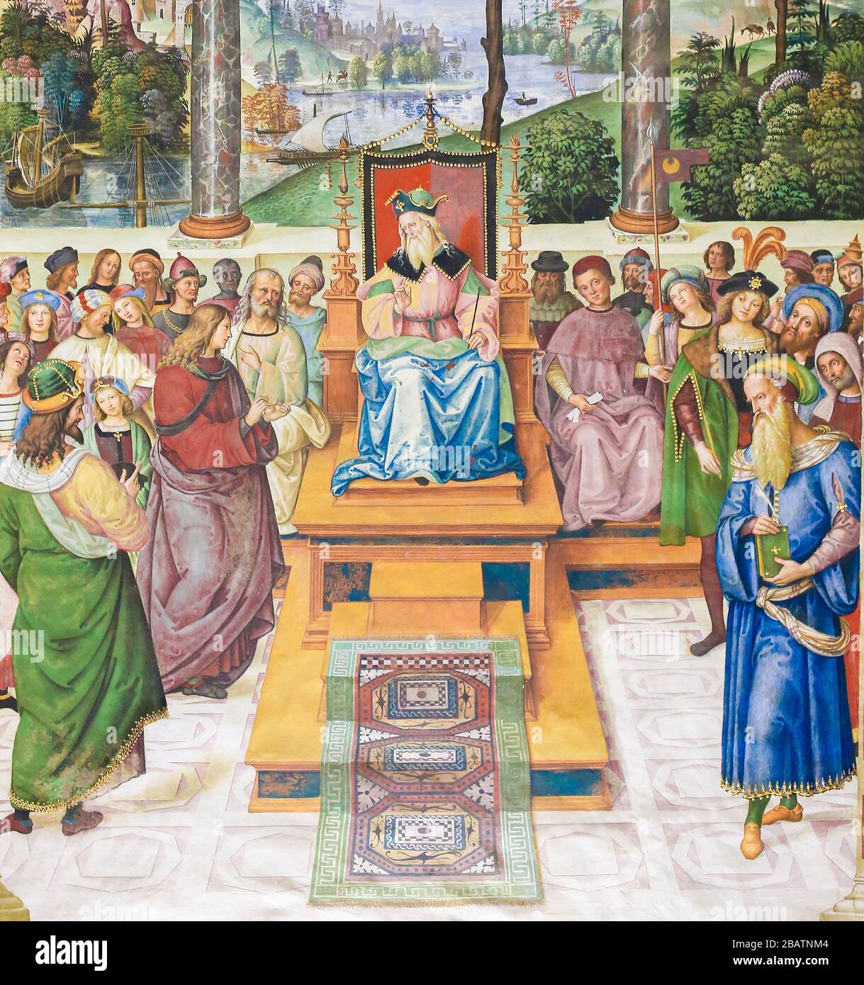 SIENA, ITALIA - 10 DE JULIO de 2017: Frescos (1502) en la Biblioteca Piccolomini en la Catedral de Siena, Italia, por Pinturicchio que representa Enea Silvio Piccolomini como a Foto de stock