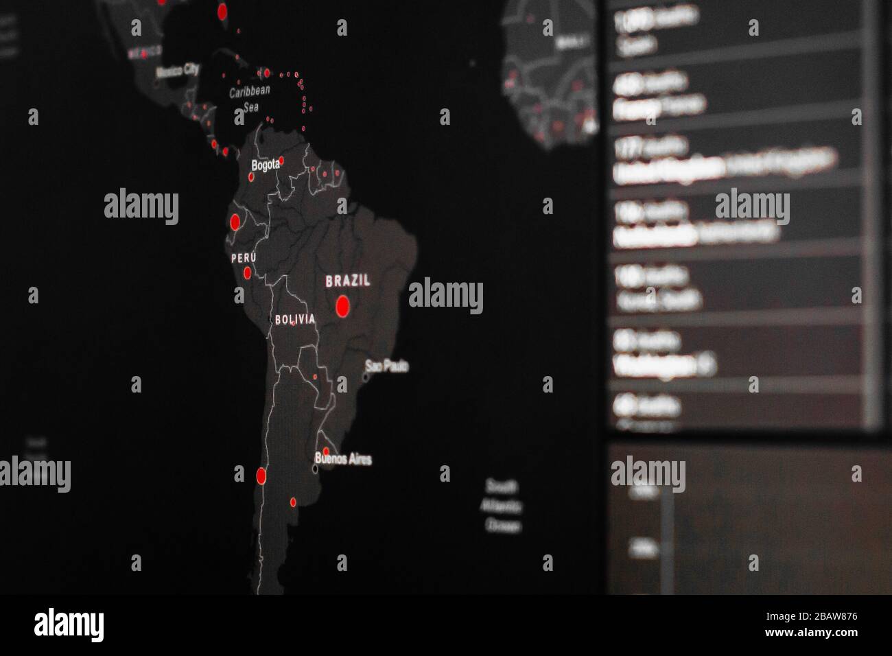 Mapa de Brasil y Perú del Coronavirus, SARS-COV2. Casos confirmados de enfermedad por coronavirus en el mundo. Informe a nivel mundial sobre COVID-19 Foto de stock