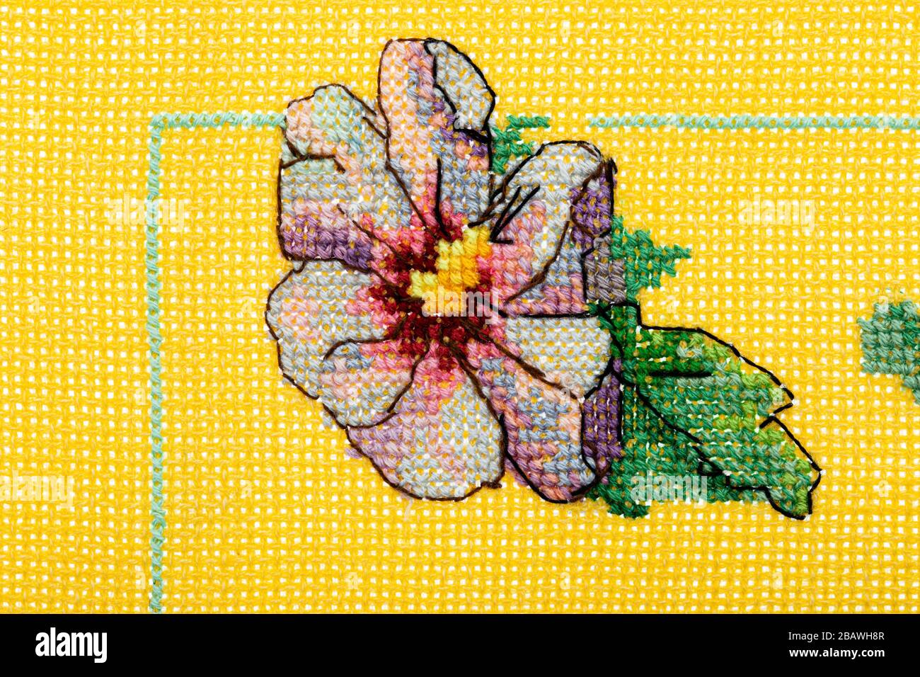 Adorno de flores bordadas, punto de cruz tela Fotografía de stock -