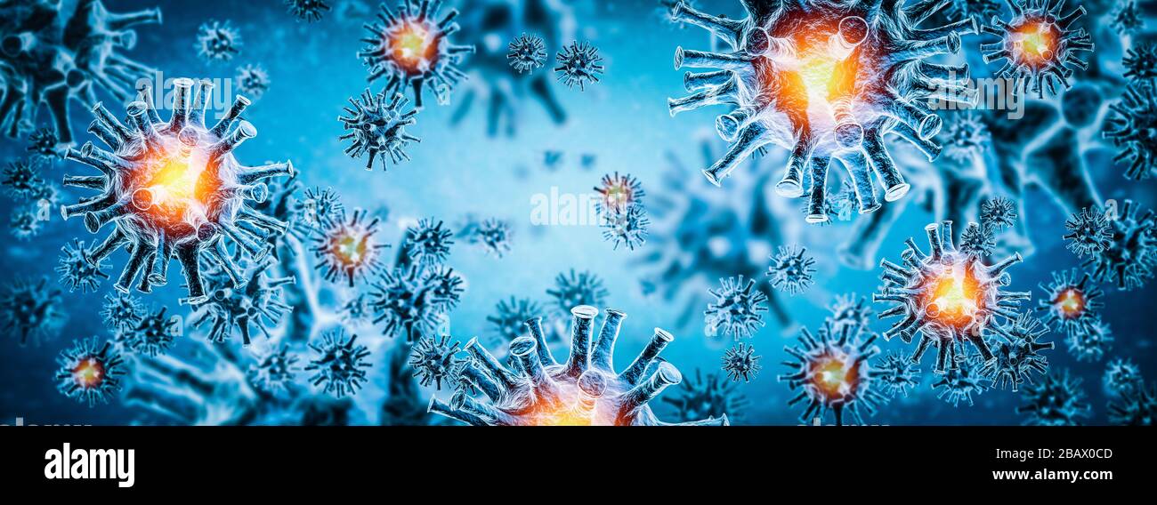 Imagen de la célula vírica COVID-19 de la gripe. Coronavirus Covid 19 brote de influenza antecedentes. Concepto de ilustración 3D de riesgo para la salud médica pandémica. Foto de stock