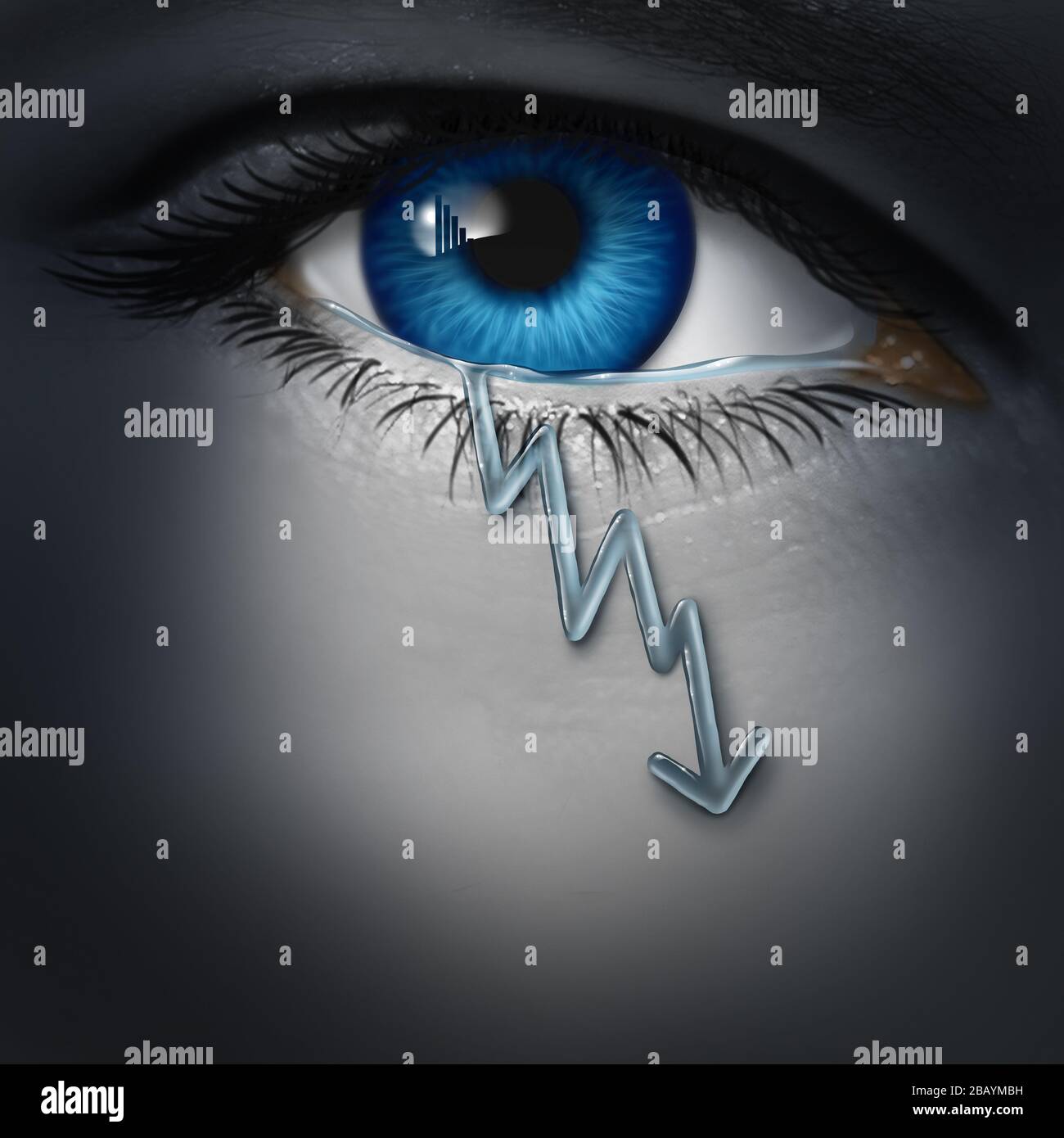 La depresión económica como un inversor deprimido con una caída de la lágrima en forma de gráfico financiero en caída como símbolo de recesión y economía fracasada. Foto de stock