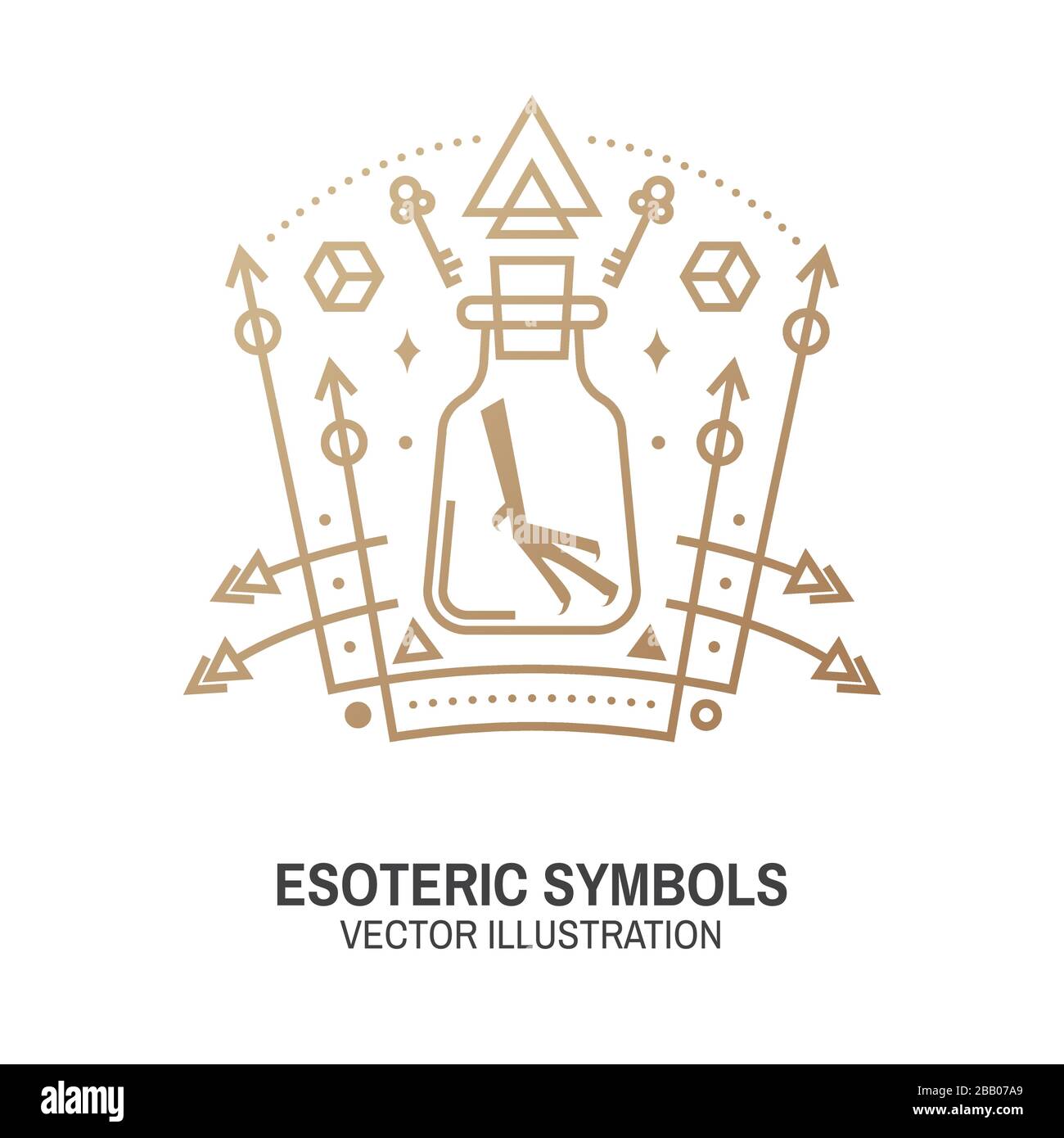 Símbolos esotéricos. Vector. Insignia geométrica de línea fina. Icono de contorno para alquimia o geometría sagrada. Mística y mágica geometría sagrada tatuaje diseño químico matraz con pie de cuervo, luna, sol, planetas Ilustración del Vector