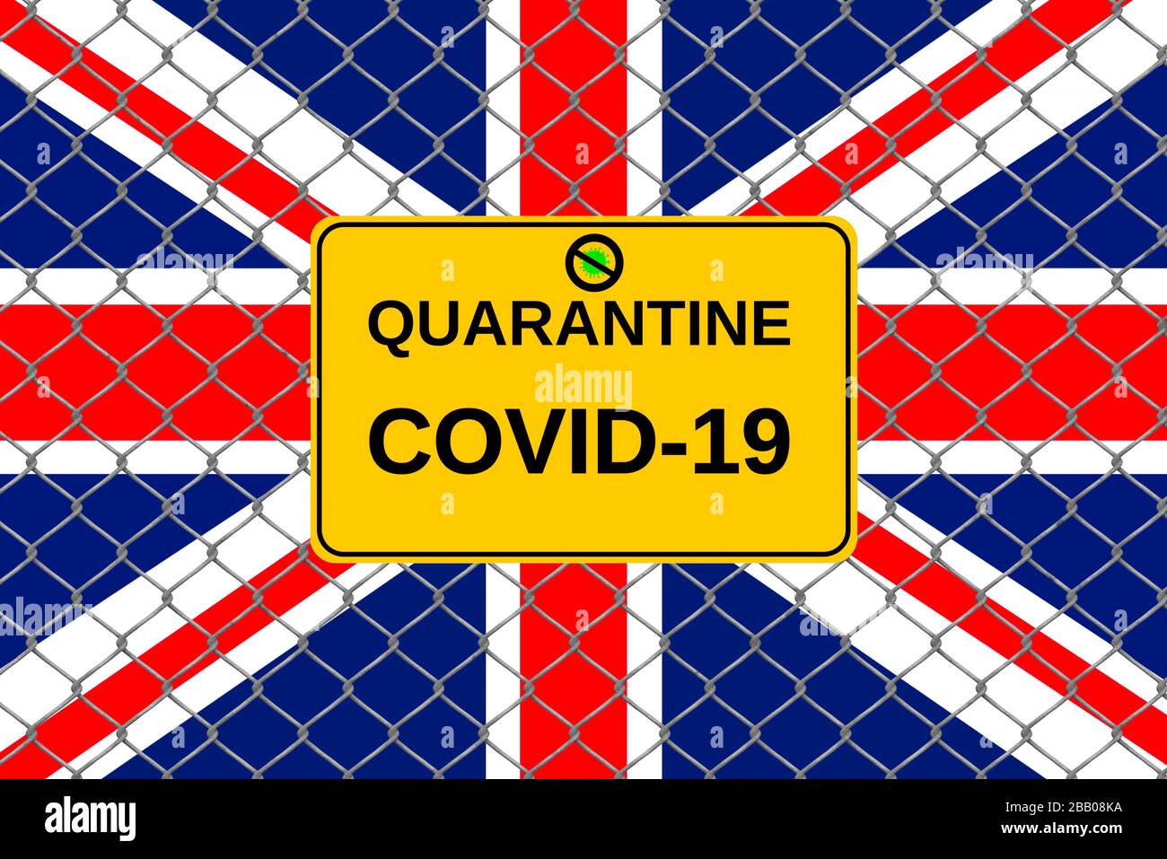 Ilustración en 3D que representa con una valla y una placa de covid-19 o coronavirus la cuarentena en una bandera del reino Unido Foto de stock