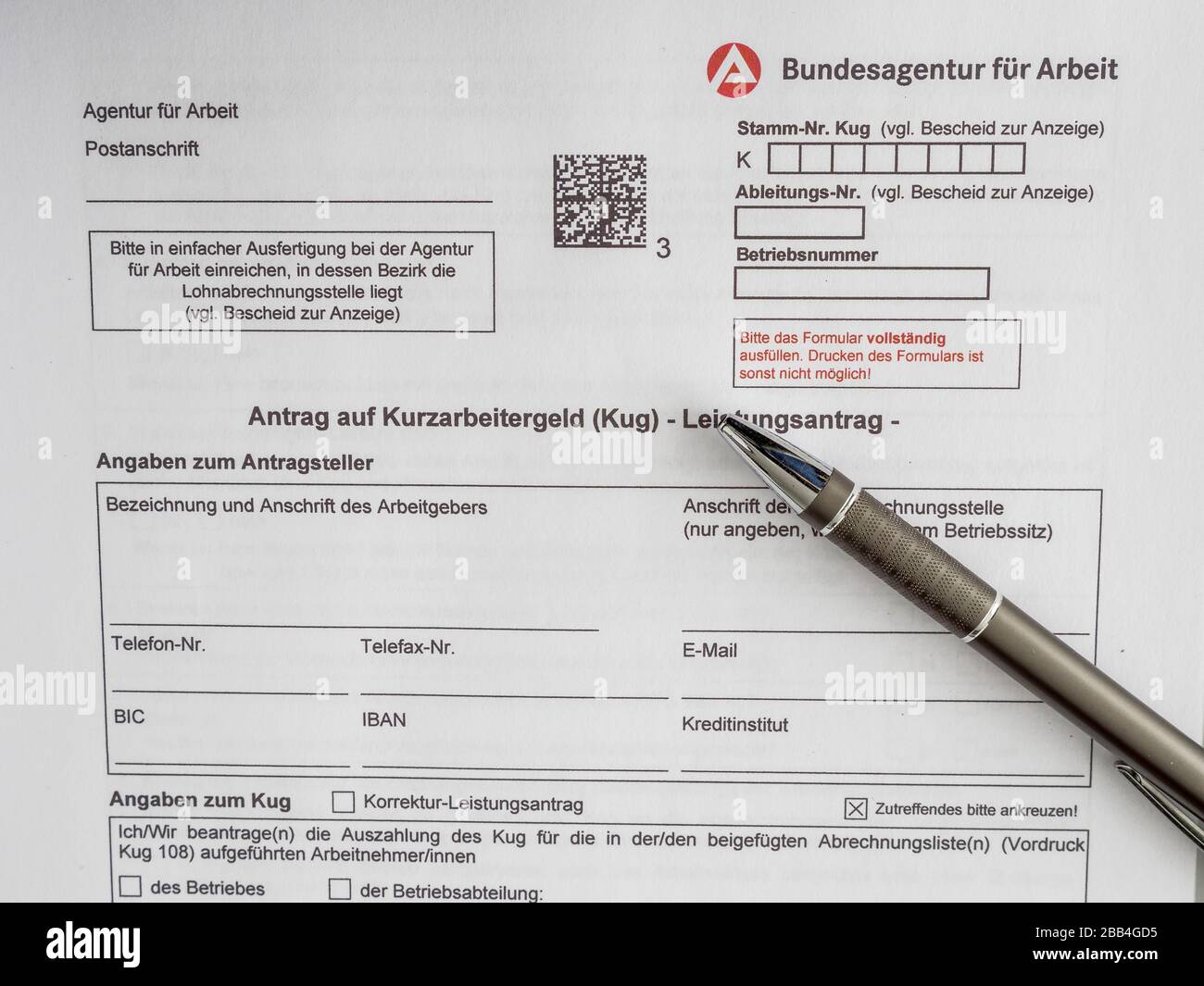 Antragsformular, Antrag auf Kurzarbeitergeld (KUG), Corona Hilfe, Deutschland, Europa Foto de stock
