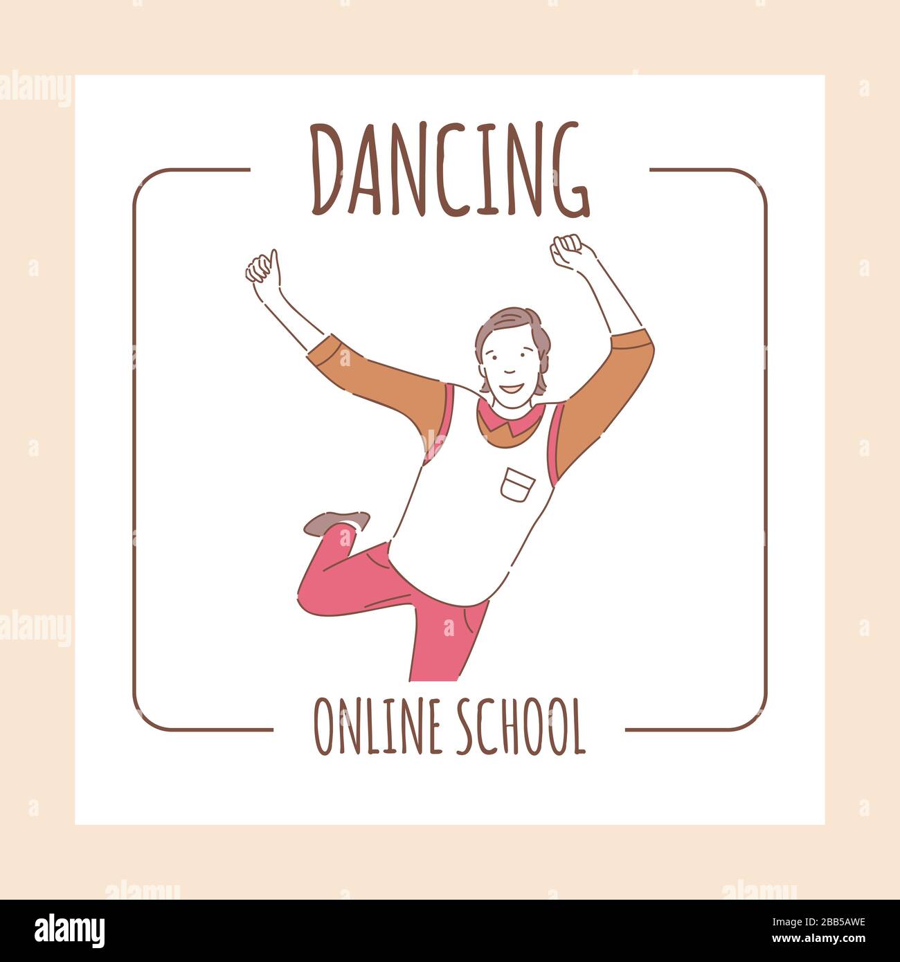 Plantilla de diseño de banner de la escuela de baile en línea con espacio de  texto. Feliz hombre bailando en ropa casual levantando las manos hacia  arriba dibujo vectorial de dibujos animados.