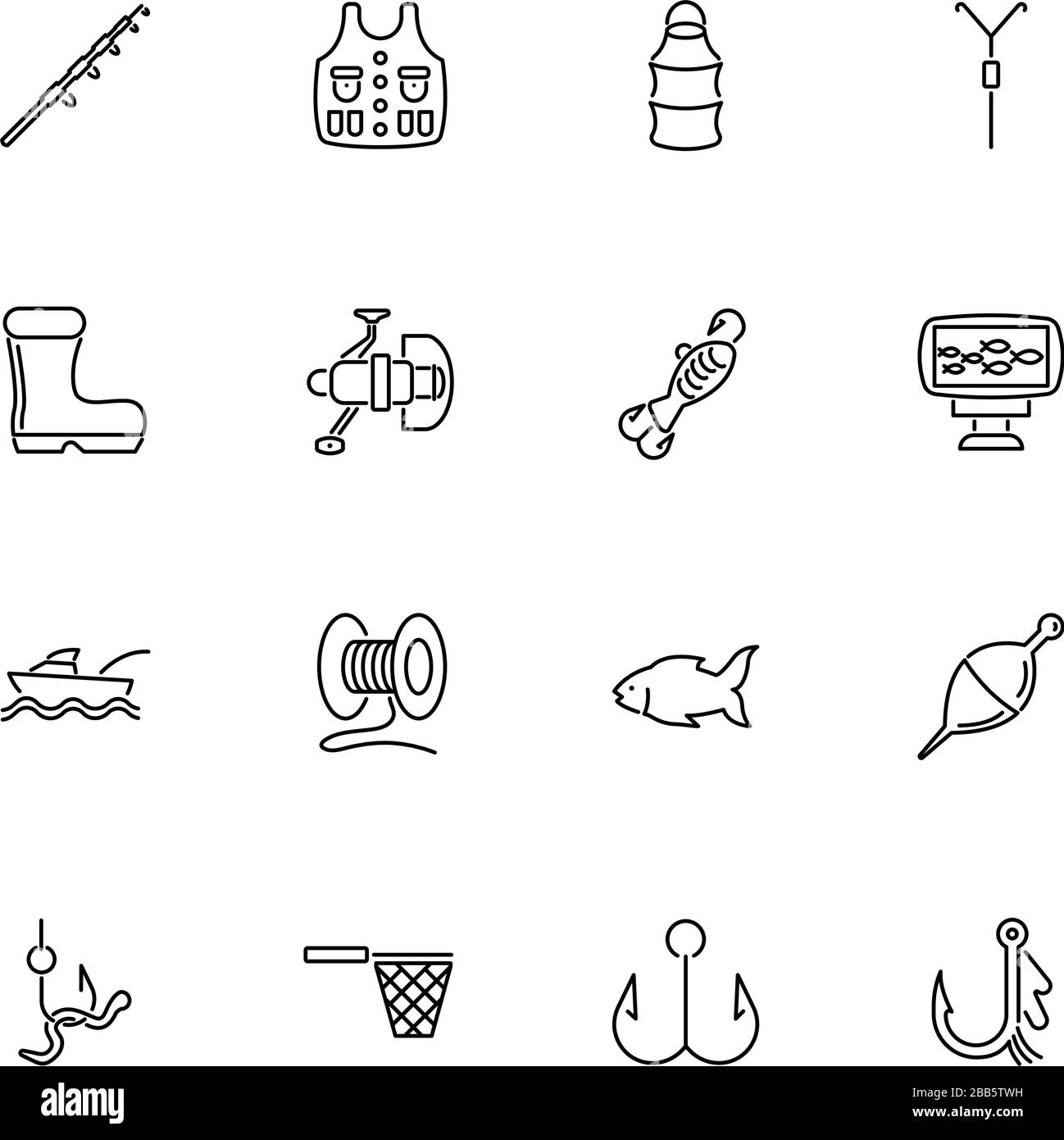 Equipo de pesca, conjunto de iconos de contorno de actividad - símbolo  negro sobre fondo blanco. Equipo de pesca Ilustración simple símbolo -  línea señal de simplicidad Imagen Vector de stock - Alamy