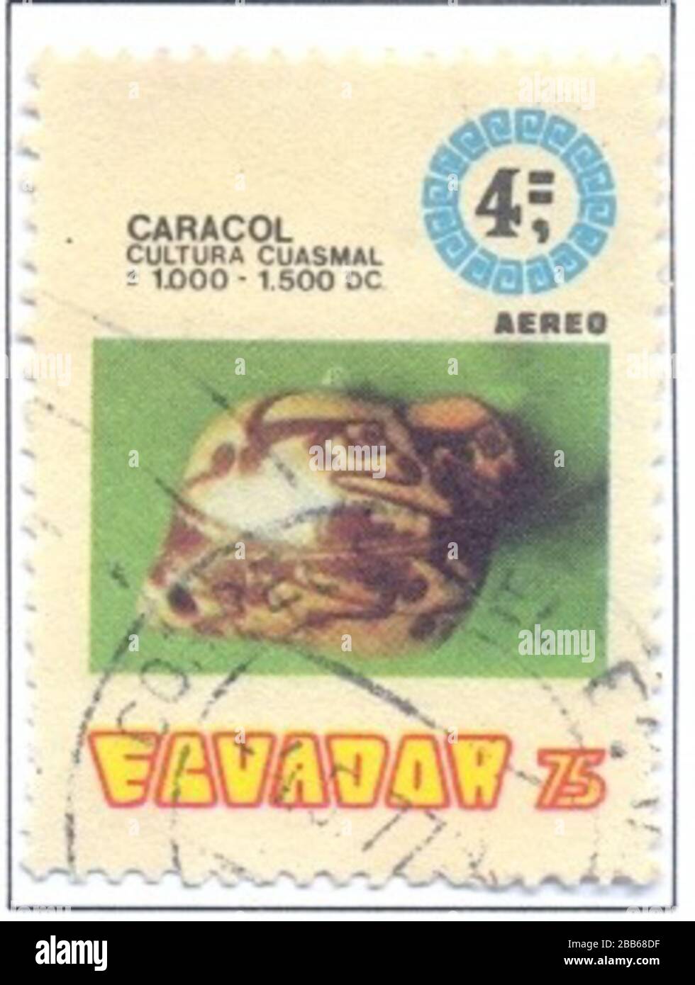 Español: 1976 caracol sello de Ecuador de la serie Museo Arqueológico del  Banco Central Quito mostrando una concha coloreada de caracol de Cultura  Cuasmal.; 12 de febrero de 1976; http://colnect.com/en/stamps/stamp/529685-Snail  1000-1500-Archaeological ...